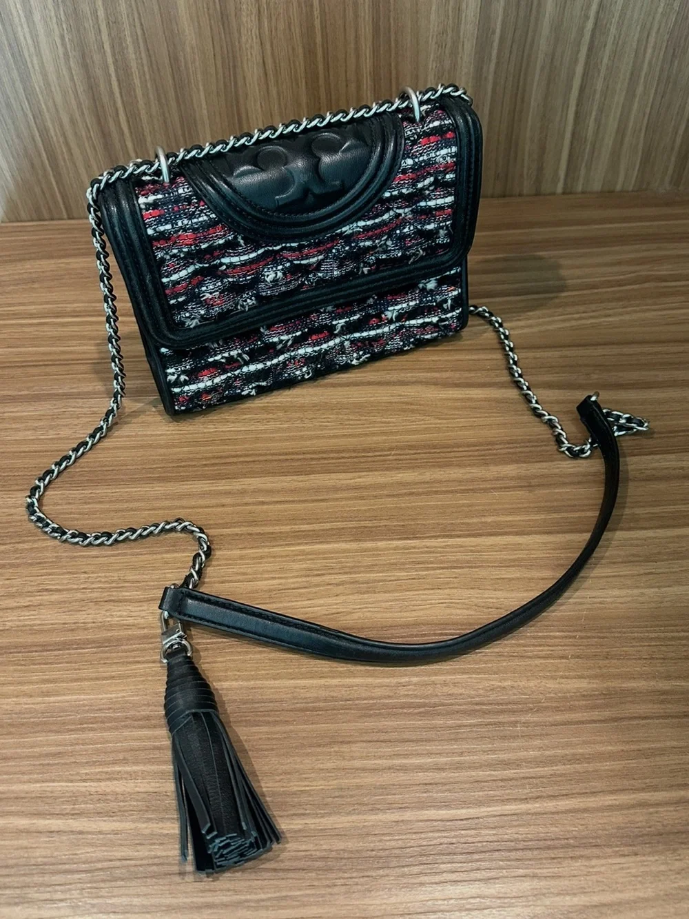 Tory Burch Tweed Chain-Handle Flap Shoulder Crossbody Bag with Tassel Black